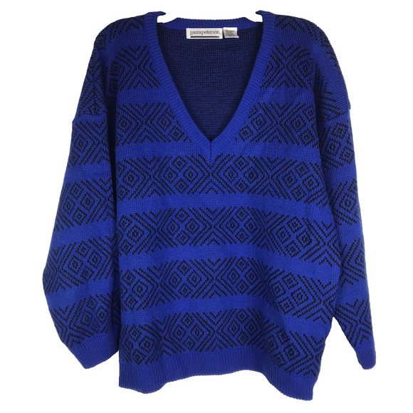 Laura Peterson Sweater V-Neck Royal Blue Black Geometric Wool Acrylic Medium - Picture 1 of 7